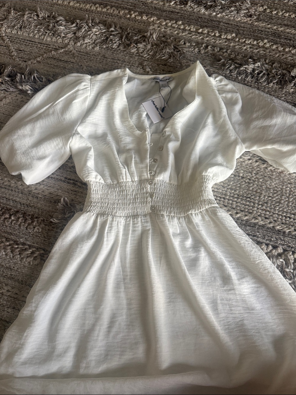 Charlotte Russe White Smocked-Waist Puff Sleeve Mini Dress
